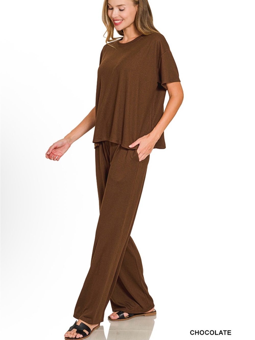 Chocolate Brown Women's Lounge Set - Relaxed Short Sleeve Top & Wide Leg Pants